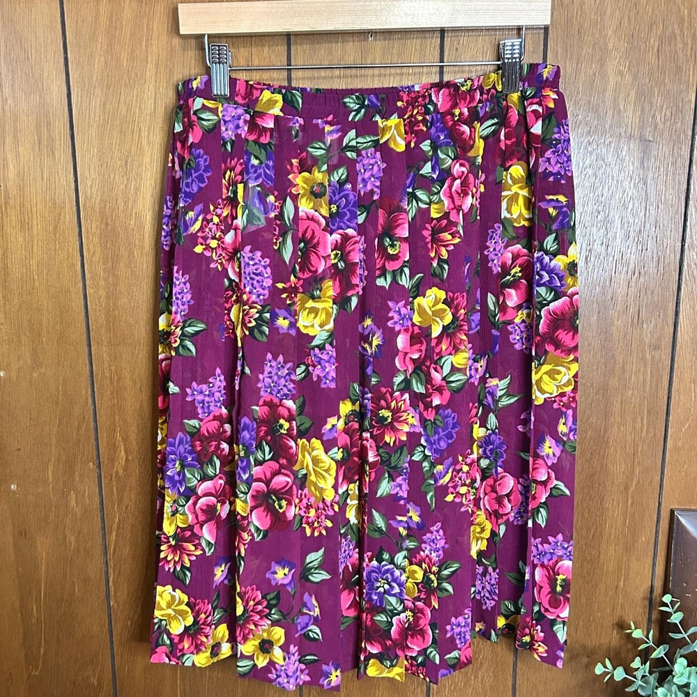Classics by Leslie Fay Petite Floral Print Midi Skirt Purple Pink Yellow